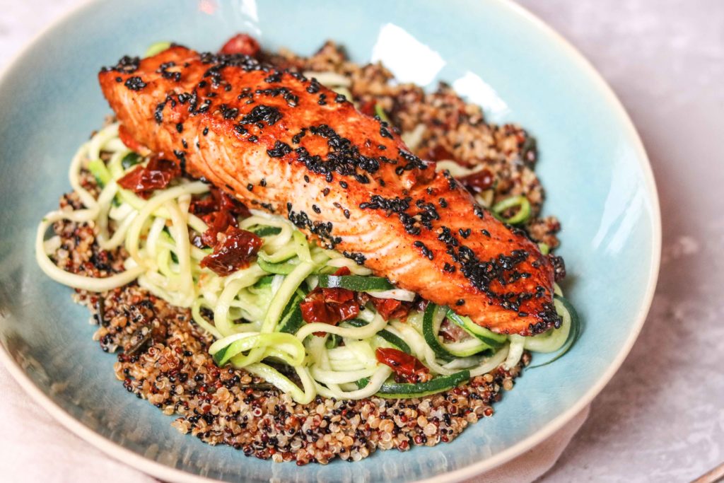 BAKED SALMON WITH ZOODLES & QUINOA