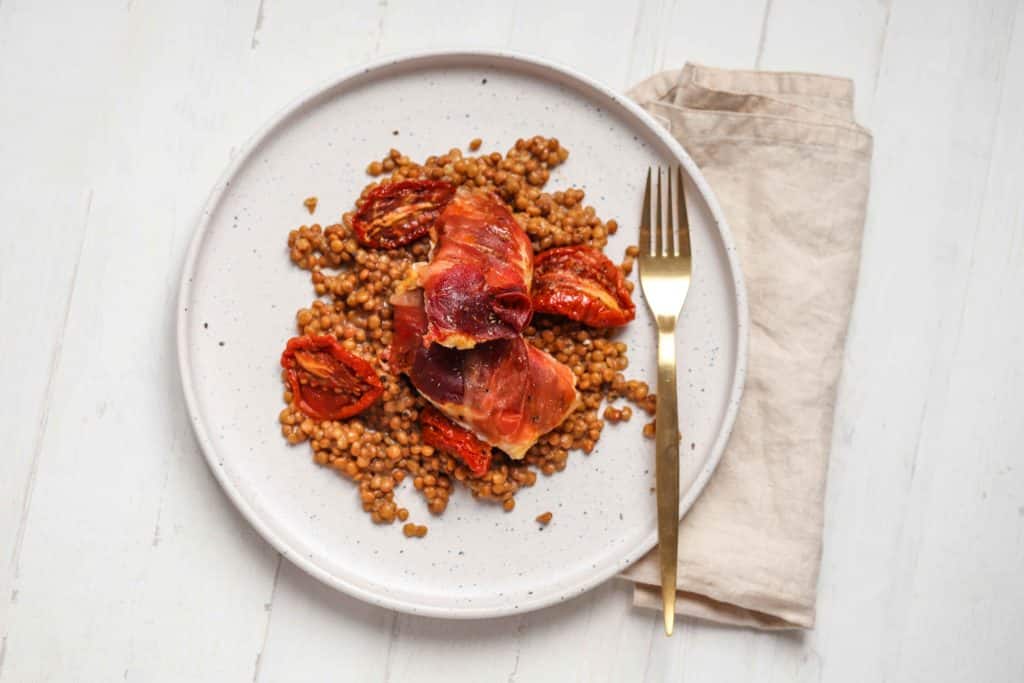 PROSCIUTTO WRAPPED CHICKEN WITH LENTILS